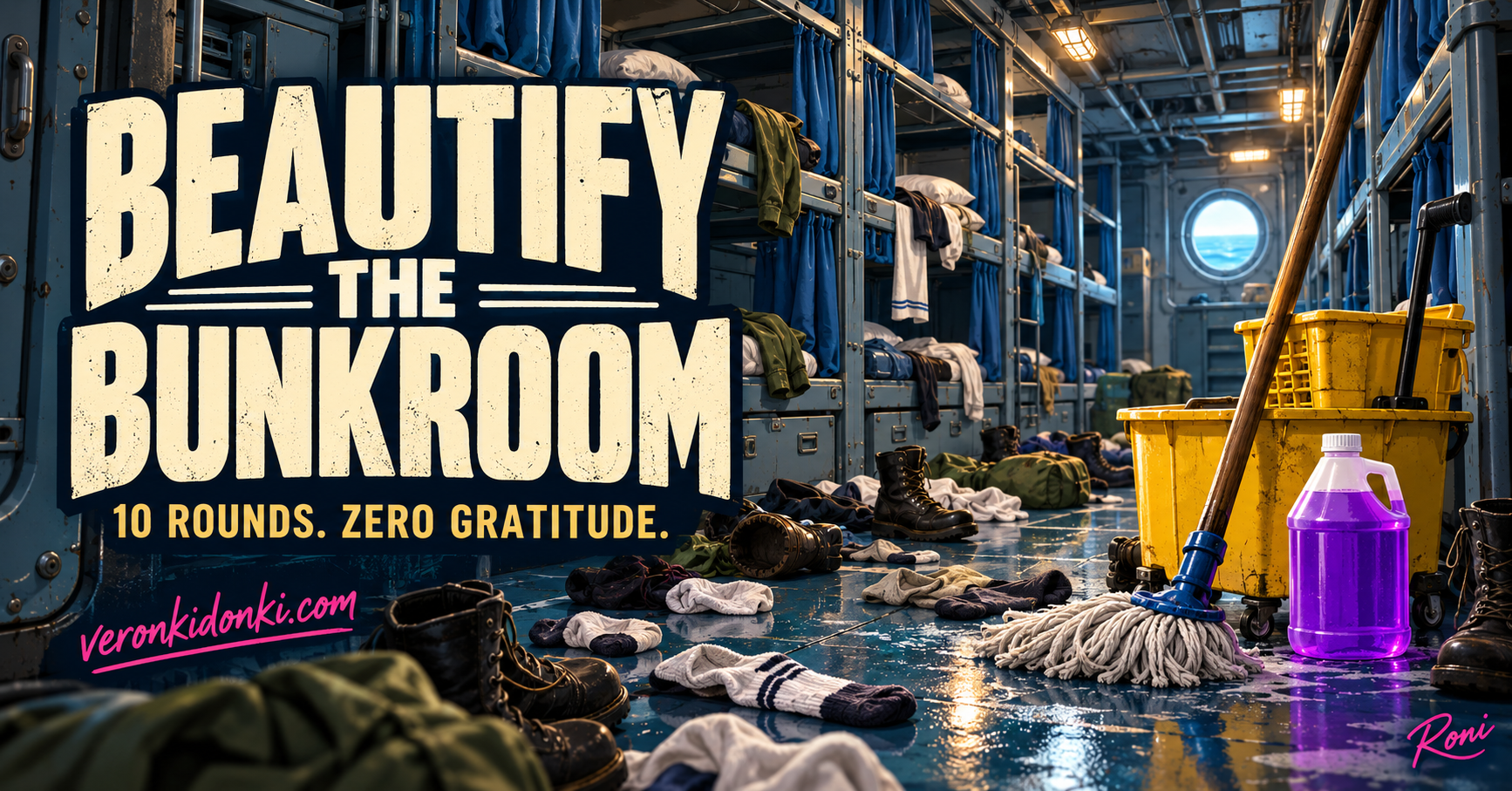 Beautify the Bunkroom. 10 rounds. Zero gratitude. Chaotic ship bunks, scattered laundry, a mop, yellow wringer bucket, and purple cleaner.