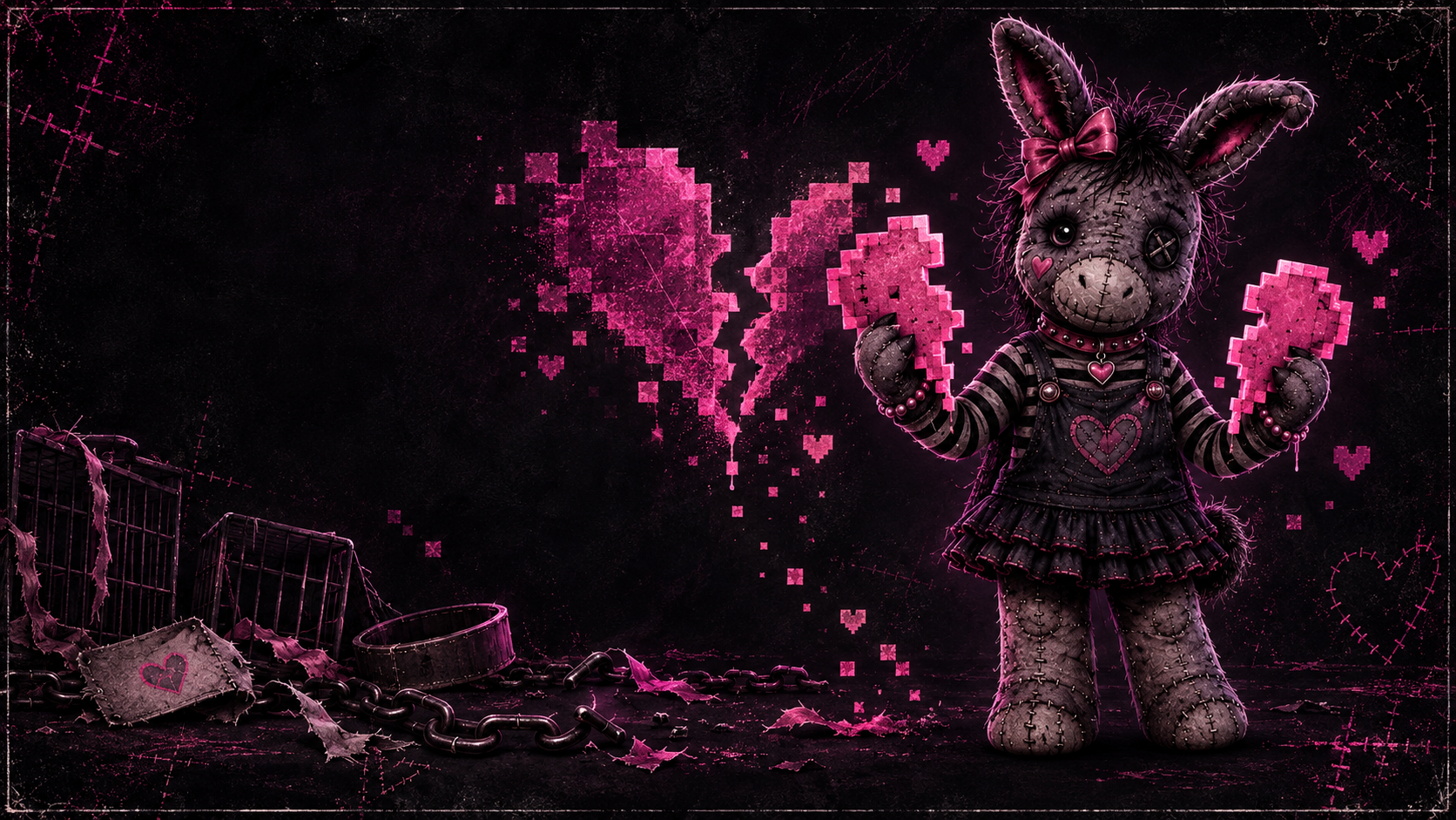 Veronki Donki holding the two pixelated halves of a broken pink heart