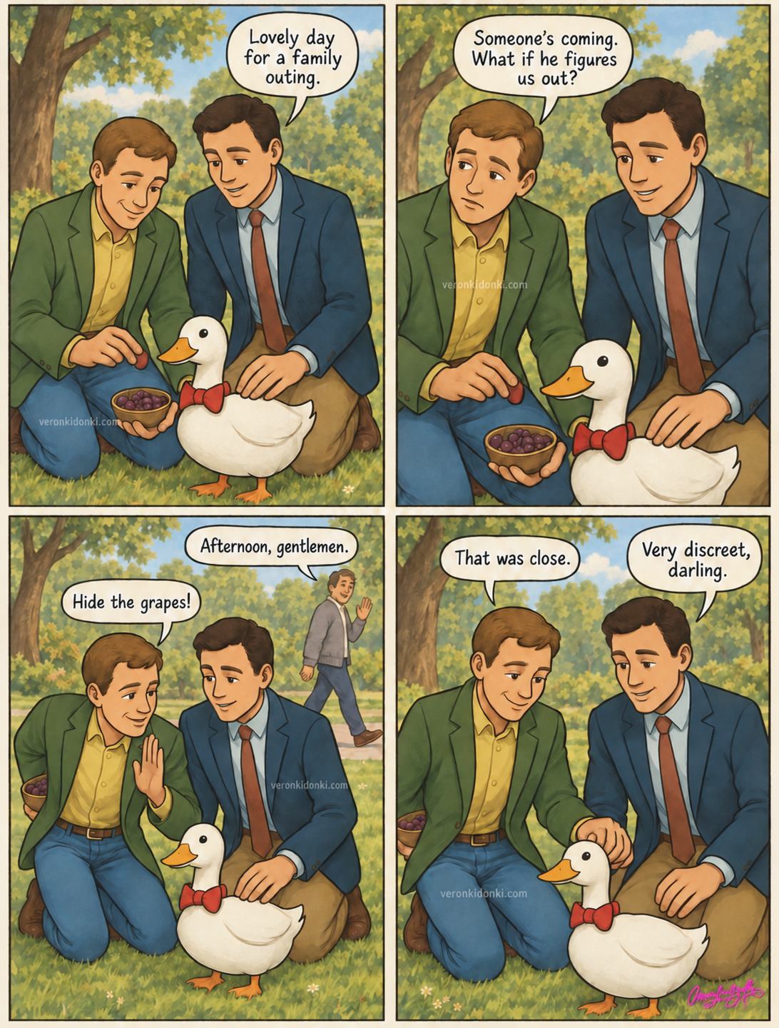 Stanley and Lance take their bow-tied duck to the park and hurriedly hide the grapes when a passerby greets them. Pink artist signature and veronkidonki.com watermarks appear within the comic.