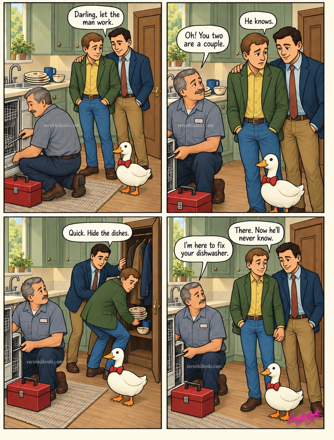 Stanley and Lance hide dirty dishes in the coat closet after their dishwasher repairman realizes they are a couple. Their bow-tied duck watches. The signed, watermarked four-panel comic is transcribed below.