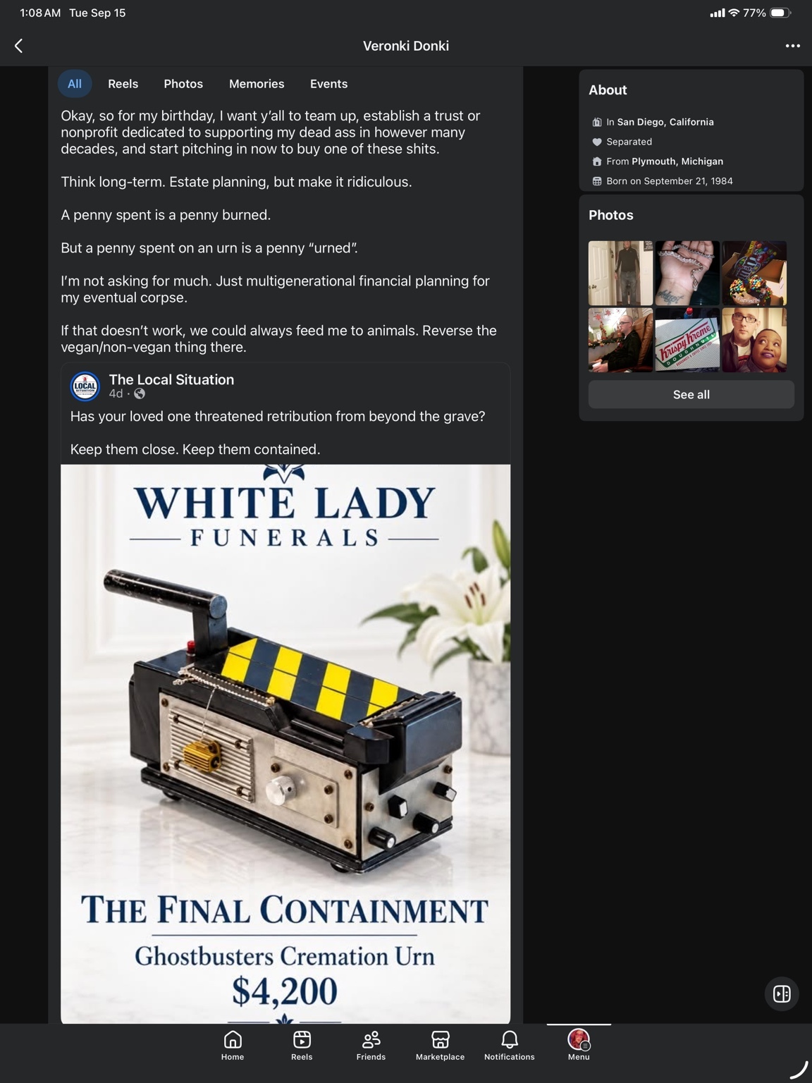 Facebook post featuring a Ghostbusters cremation urn advertised as The Final Containment for $4,200